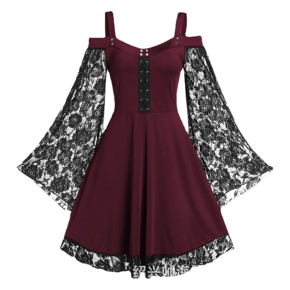 Europe and the United States Amazon off-shoulder art retro lace stitching dress horn sleeve women's clothing a generation of hair