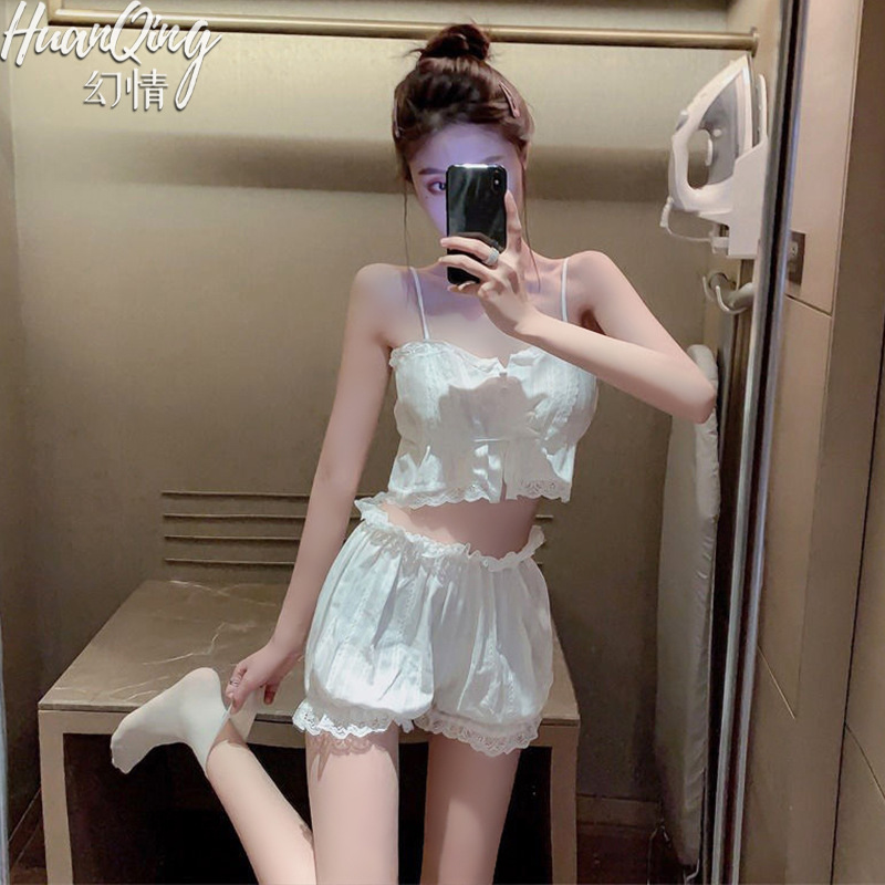 Fantasy Sexy Lingerie, Cute Girl, Pure Suspender Set, Loose and Comfortable Cotton Lace-Up Pajamas and Pajamas Two-Piece Set