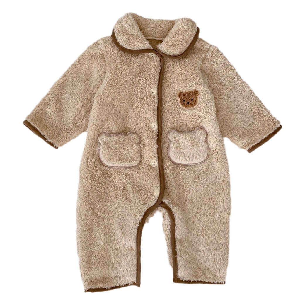 Children's Autumn and Winter Clothes Baby Jumpsuit Fleece-Lined Lapel Long-Sleeved Harem Super Cute Bear Warm Pajamas Crawling Clothes