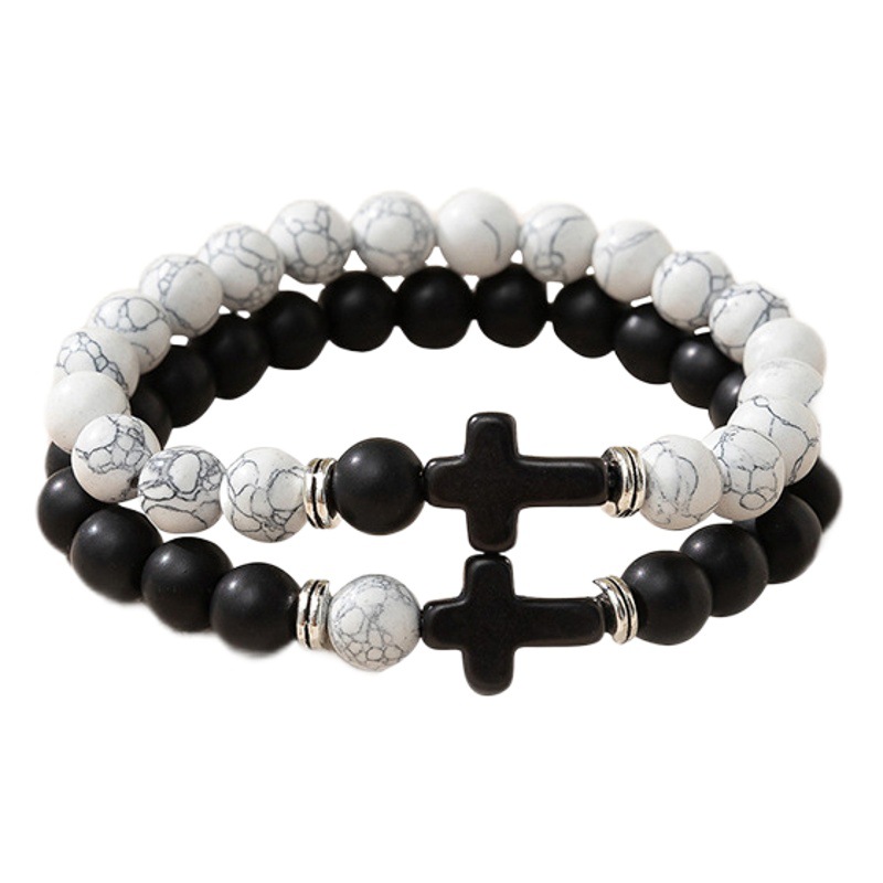 Cross-border supply design cross black and white couple bracelet suit ins niche stone bracelet manufacturers wholesale