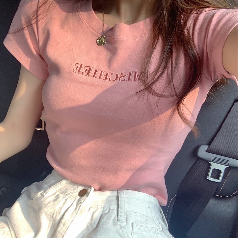 Wholesale 2025 Summer New Korean Style Letter Embroider Slim Short-Sleeved T-Shirt Female Student Tops Export Women's Clothing Trend