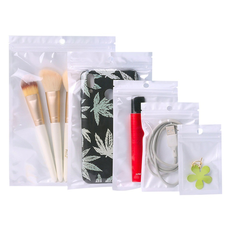White Pearl Film Solid Color Self-sealing Bag Translucent Headphone Round Hanging Hole Jewelry Self-standing Bag Sealed Plastic Packaging Bag