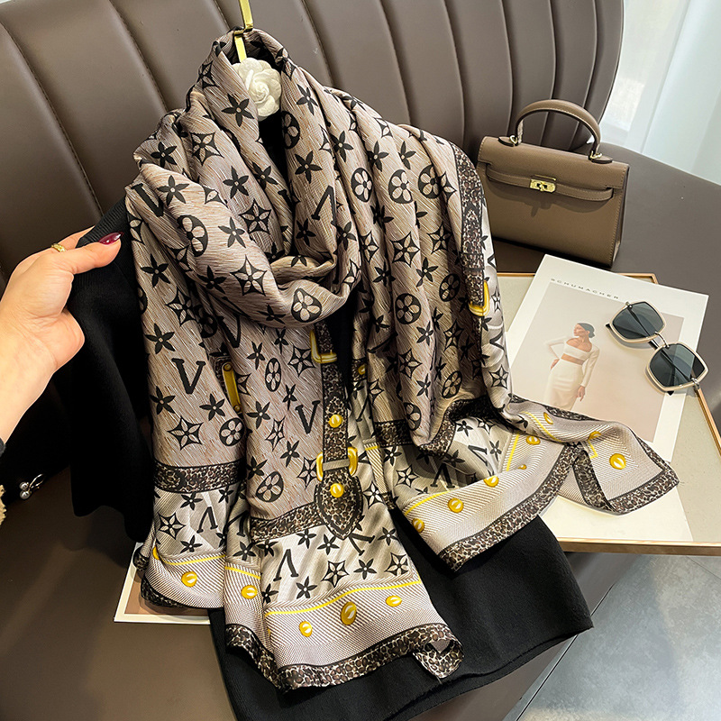 New European-style Letter Full Print Yellow Gem Simulation Silky Brocade Outdoor Outer Shawl Beach Scarf Women
