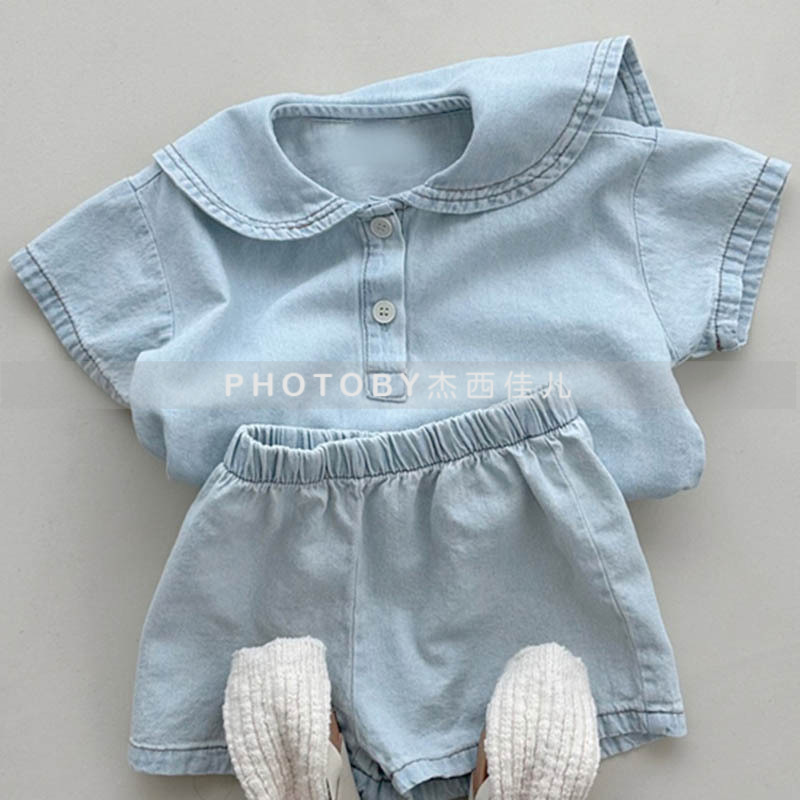 Picture of Korean Style Ins Boys and Girls Summer New Two-Piece Children's Western Style College Lar Loose Casual Denim suit