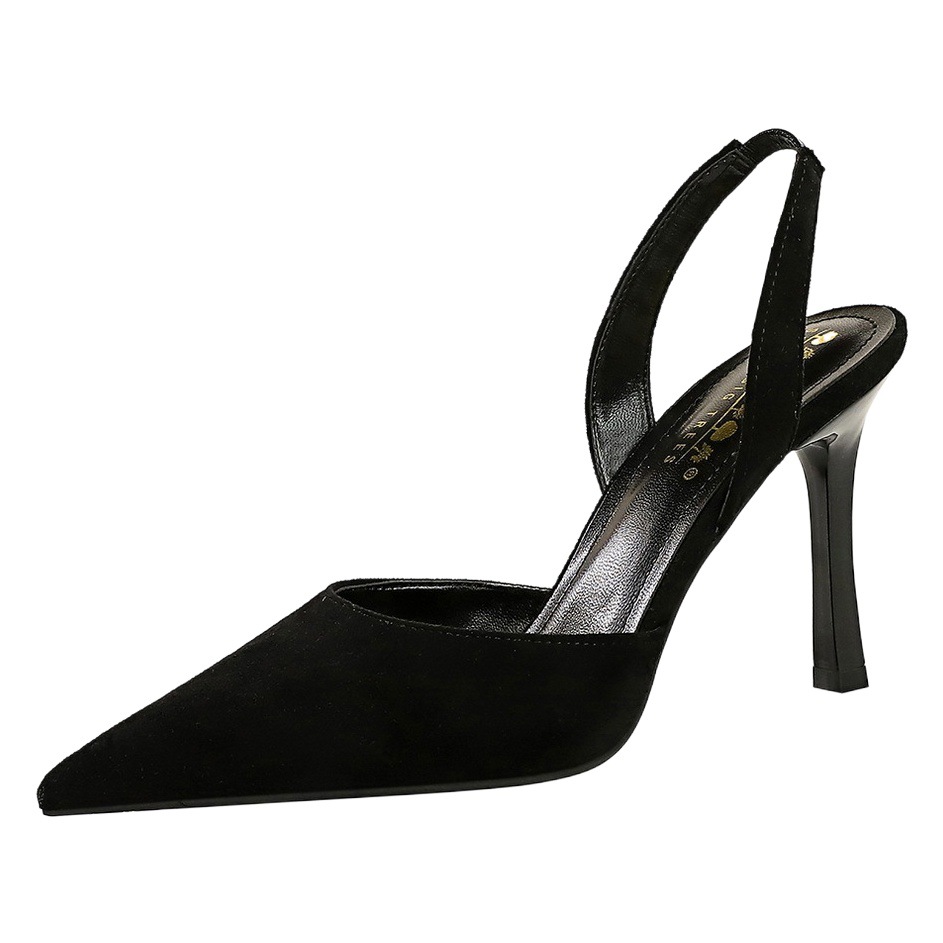 228-1 European and American style fashion simple summer high-heeled shoes women's shoes suede shallow mouth pointed hollow back trip sandals