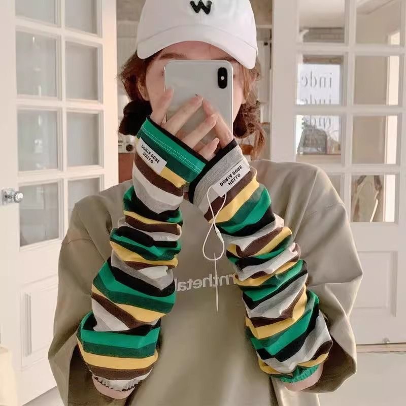 Internet Celebrity's Same Style Sun Protection Sleeves for Women, Anti-Uv Elastic Summer Stripesd Loose Trendy Driving Ice Sleeve Arm Guards