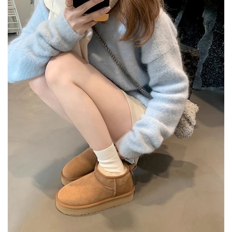Grape Mom's Same Style 2025 New Round Toe Thick-Soled Cotton Shoes Short Tube Fleece-Lined Snow Boots for Women Autumn and Winter Genuine Leather