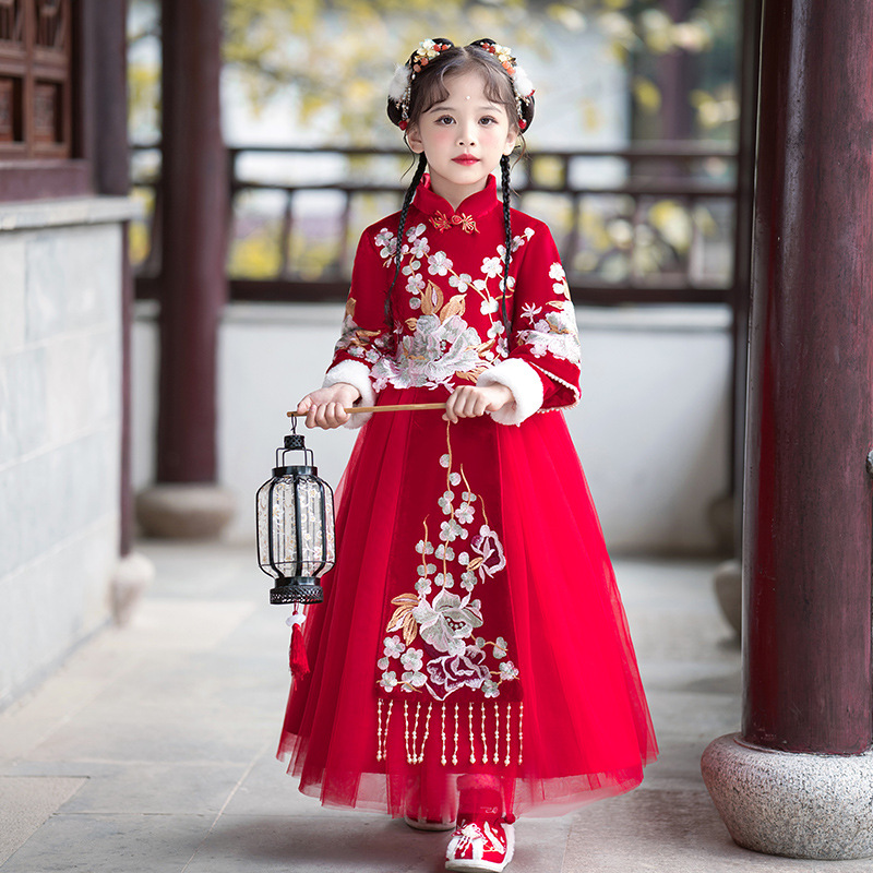Hanfu Girl's New Year Outfit Children's Cheongsam Dress 2022 Autumn/Winter New Little Girl's Festive New Year Dress