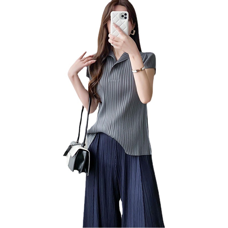 Sanzhai elegant simple slim fit slimming waist loose comfortable all-match top for women 2023 Summer new pleated