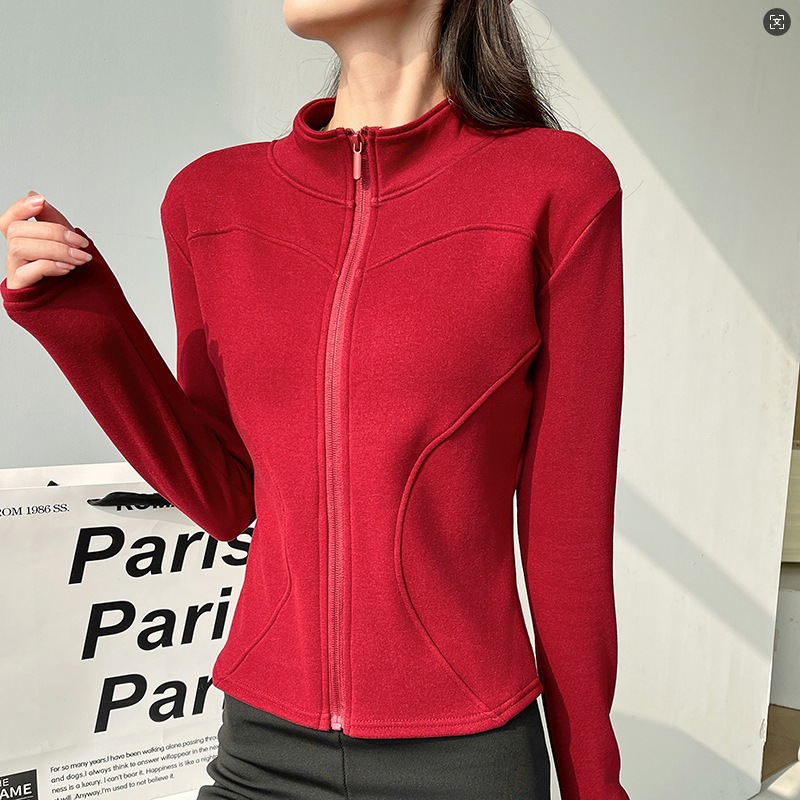 Picture of H119 Strictly Selected Koala Velvet Jacket Sports Women's Autumn and Winter New Vertical Collar Double Arc Curve Tight Top Zipper Cardigan