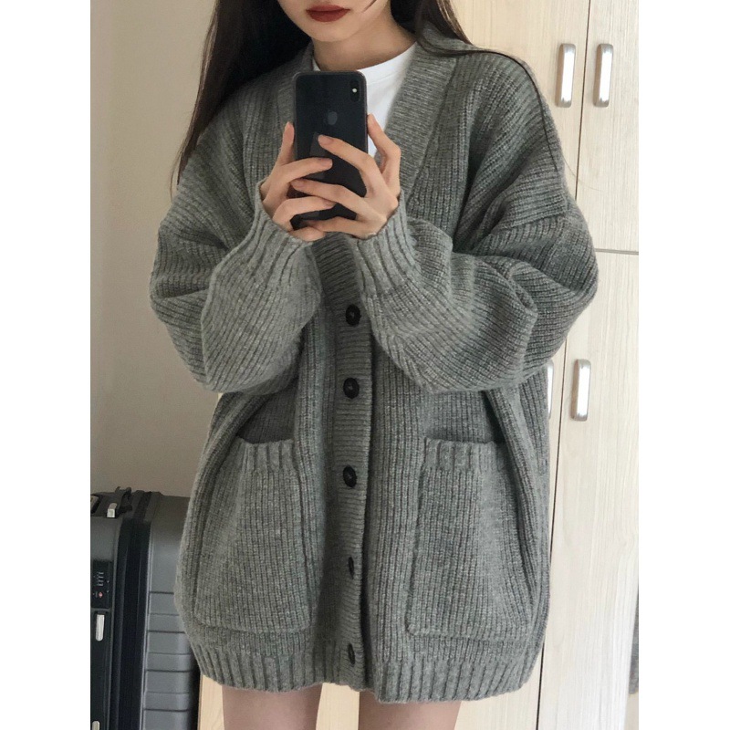 Gray sweater coat for women autumn and winter 2023 New loose outer wear Japanese style lazy retro soft glutinous knitted cardigan