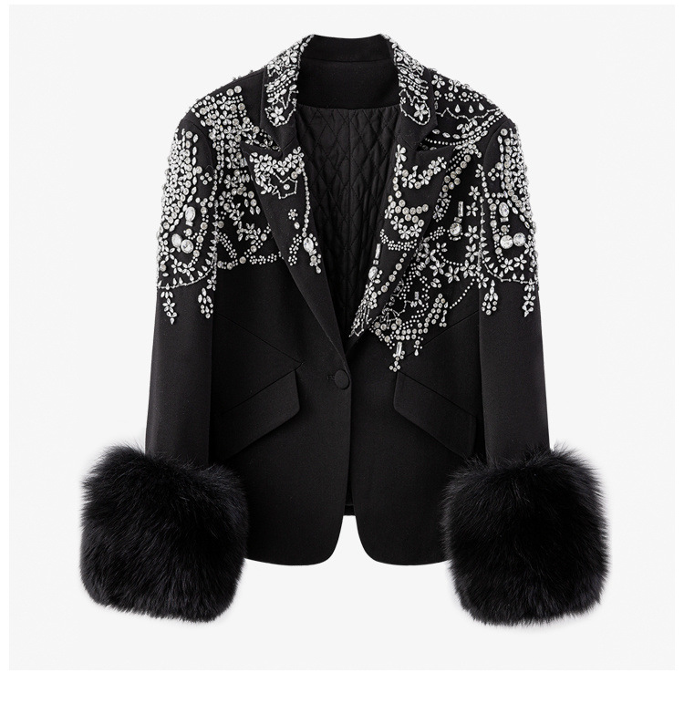 Picture of Spring and Autumn One-Button Long-Sleeved Dress Collar Heavy Industry Diamond Decoration Black Plush Cuff Slim-Fit Slimming Jacket for Women