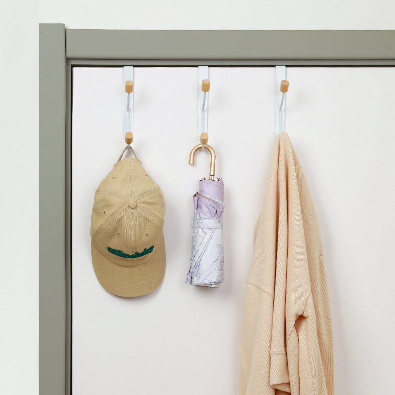 Picture of Japanese-style simple wood double hook punch-free door hanging clothes hook coat hook wall hanging door back storage rack
