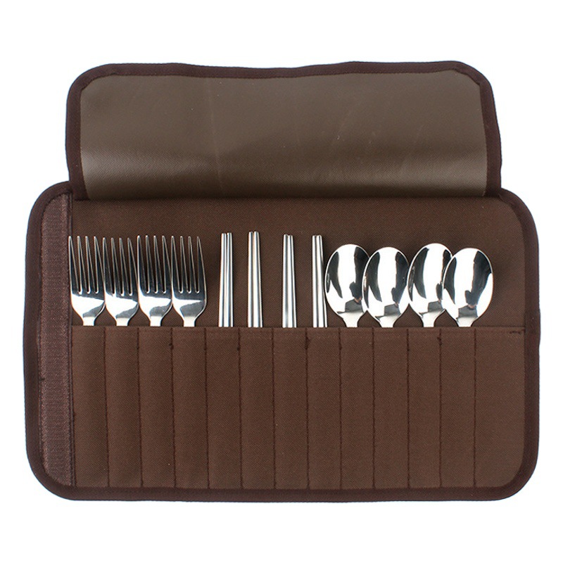 Picture of Outdoor Tableware Set Camping Barbecue 4 Person Tableware Portable Stainless Steel Spoon Chopsticks Fork Travel picnic bag
