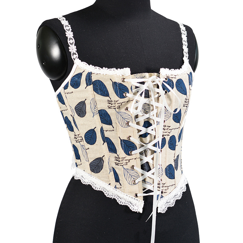 Picture of 21227 French Strap Corset Blue Ba Leaf Printed Lace Stacked Vest Women's Top
