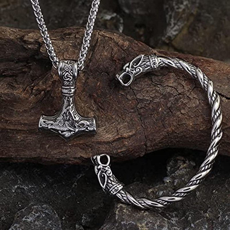 Picture of European and American Cross-border Explosions Viking Retro Rune Hammer Necklace Wolf Head Bracelet Viking suit Jewelry Accessories Wholesale