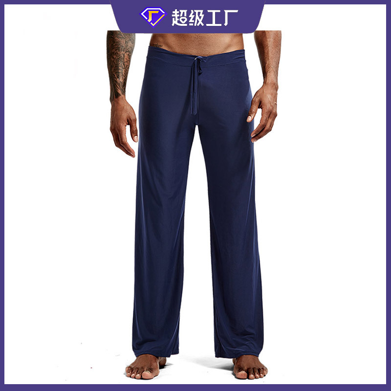 Picture of Men's Home Sleep Pants for Foreign Trade, Solid Color, Drawstring, Loose, Casual, Versatile, Ice Silk Polyester, Plus Size, Long Pants for Home Leisure