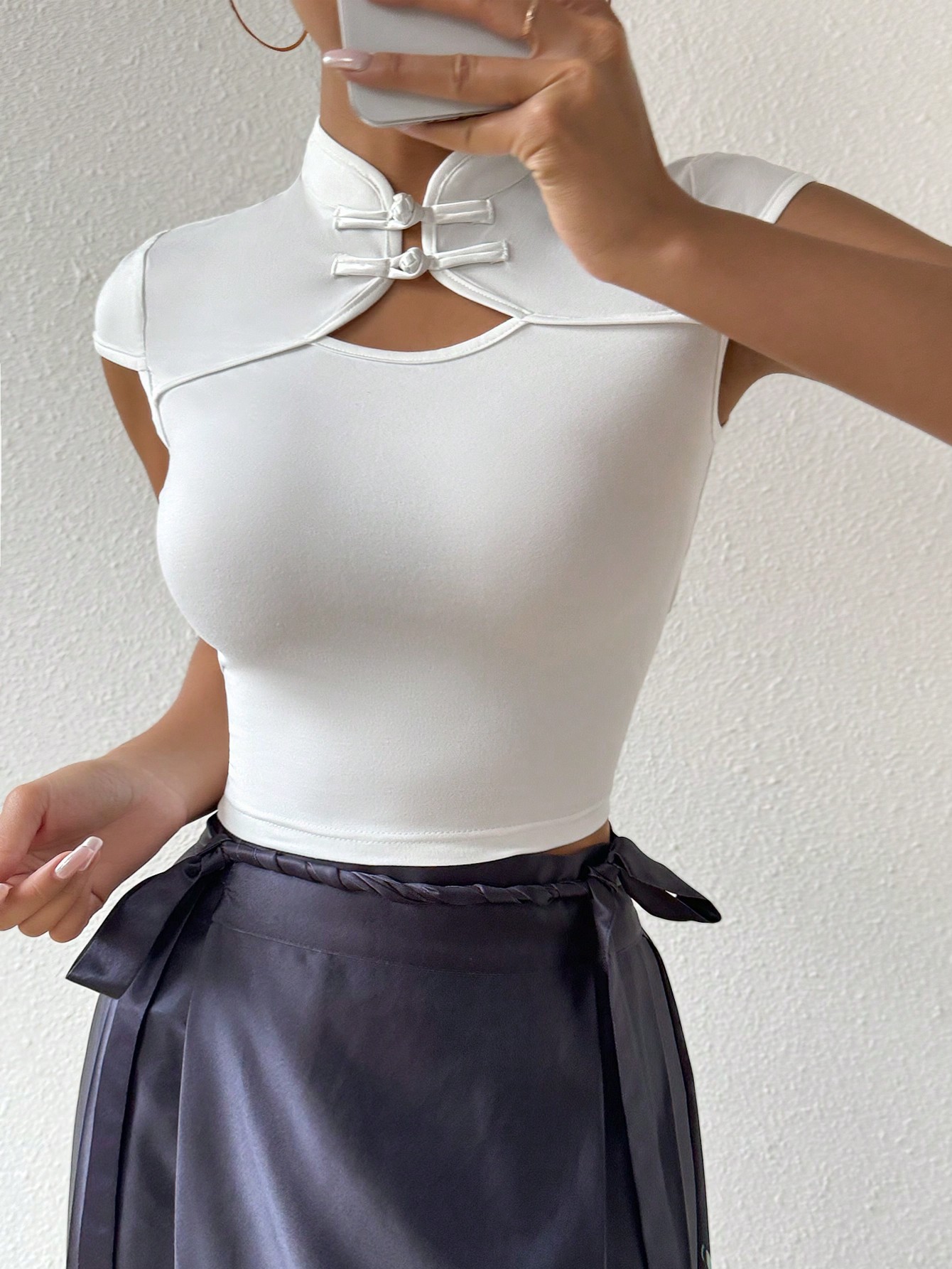 Amazon Cross-border European and American Vertical Collar Short-sleeved T-shirt Summer New Chinese Style National Style Buckle Slim-fit Top for Women