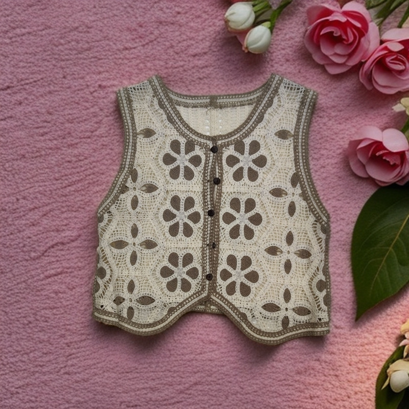French niche floral embroidery knit vest vest for women, heavy-duty fashion cutout crochet pattern, outerwear top cardigan
