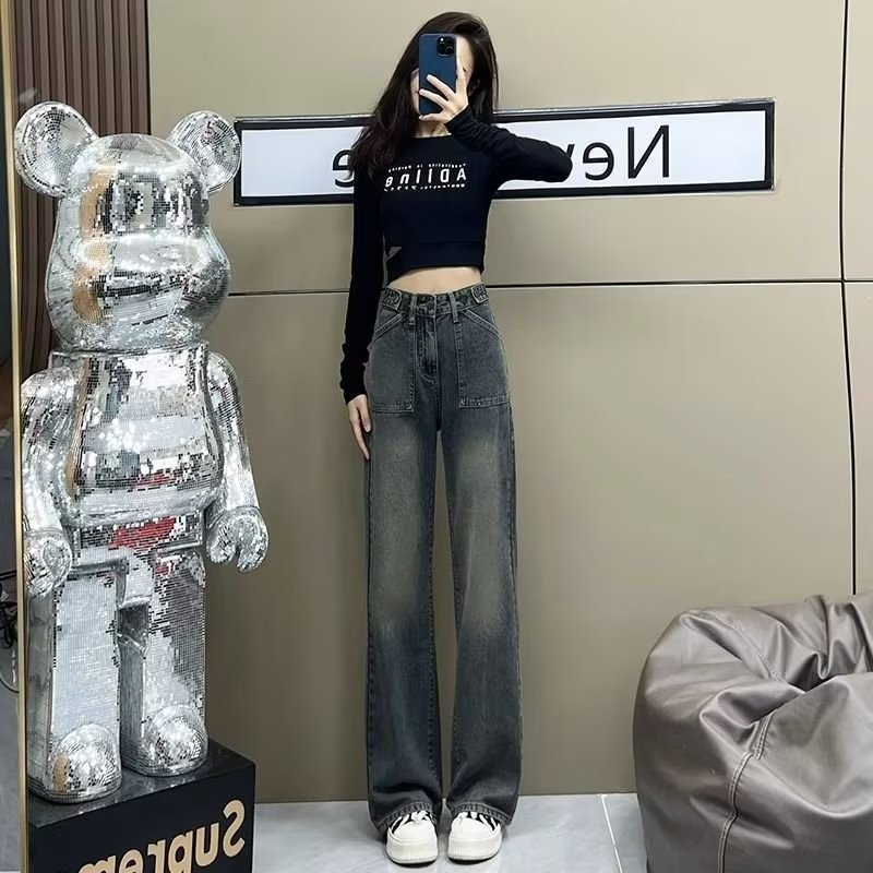Picture of High waist wide leg jeans for women 2023 autumn and winter New American retro loose slimming draping straight mop pants