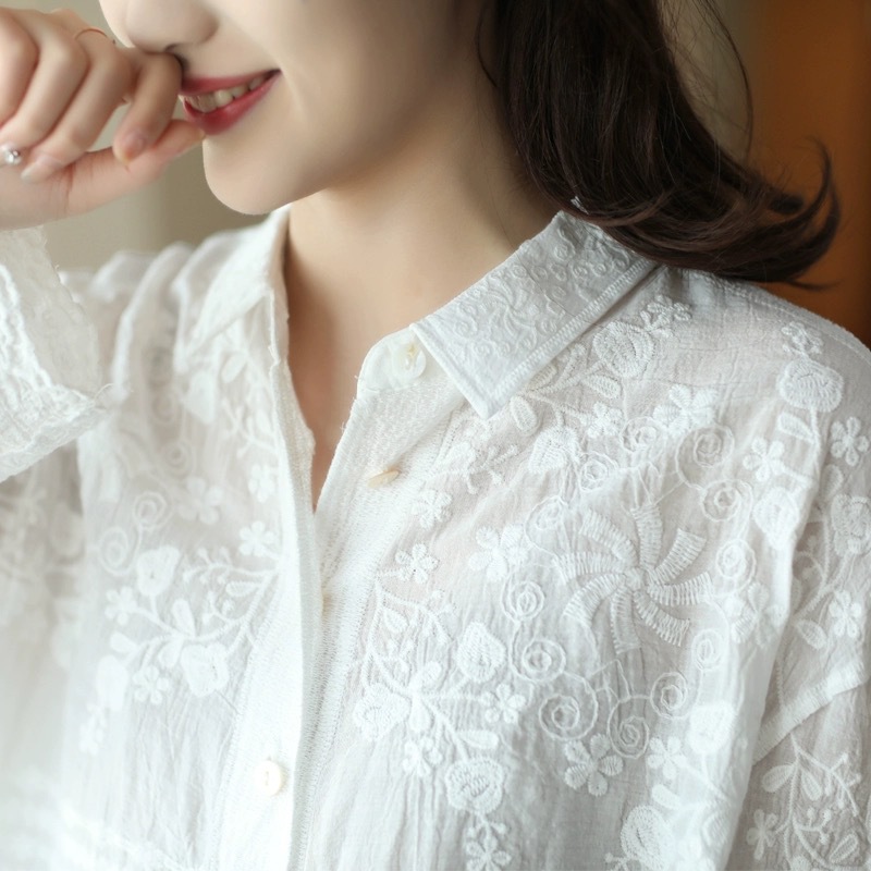 Picture of Spring and Autumn new artistic fresh loose cotton lace embroidered single-breasted Shirt women's casual irregular top