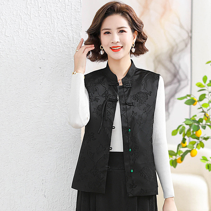Picture of Chinese style satin jacquard vest Vest Women's Spring and Autumn New Stand Collar buckle retro vest short top