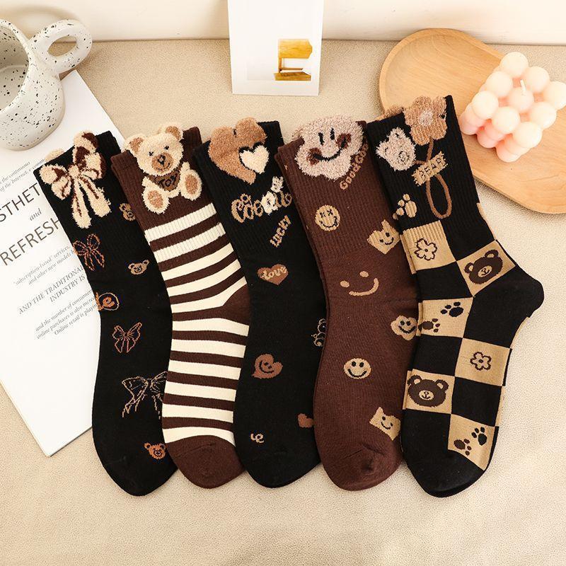 5-color feather yarn bear heart bow socks women autumn and winter women's socks all-matching Mori women's socks