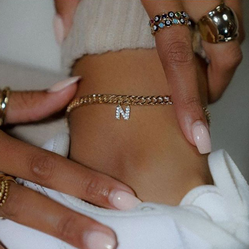 European and American popular initial letter zircon 26 English letter anklet stainless steel 3:1NK chain ankle Figaro chain