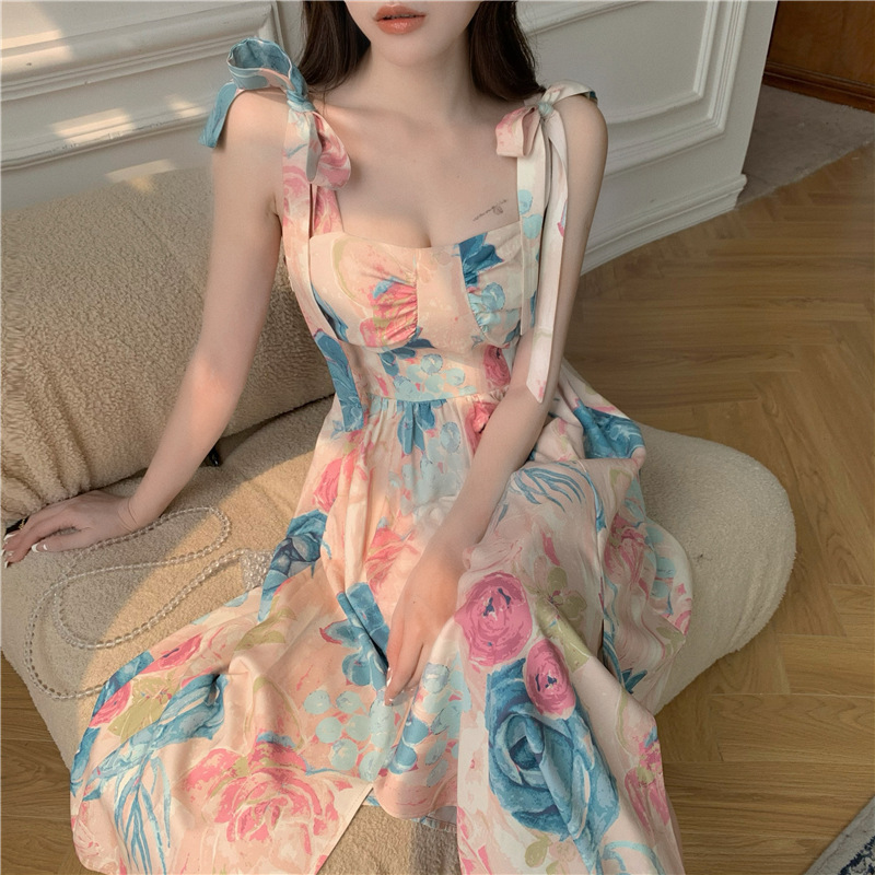 2024 New Summer Style Super Fairy Bow Strap Suspender Skirt French Retro Oil Painting Print Elegant Dress Trendy