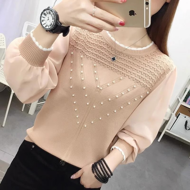 Picture of Chiffon Ice Silk Knitted Bottoming Shirt Spring and Autum New Long-Sleeved Round Neck Elegant Western Style Top Slimming Look Loose Sweater