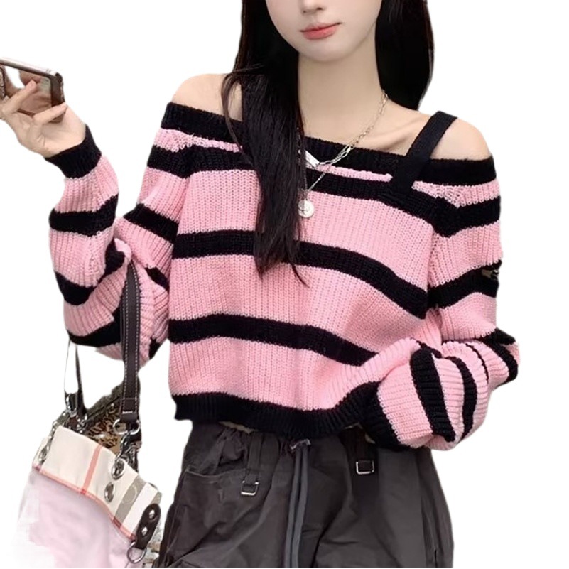 Sweet and spicy sweater women's autumn online celebrity new high-grade strap off-shoulder striped contrast color long-sleeved top
