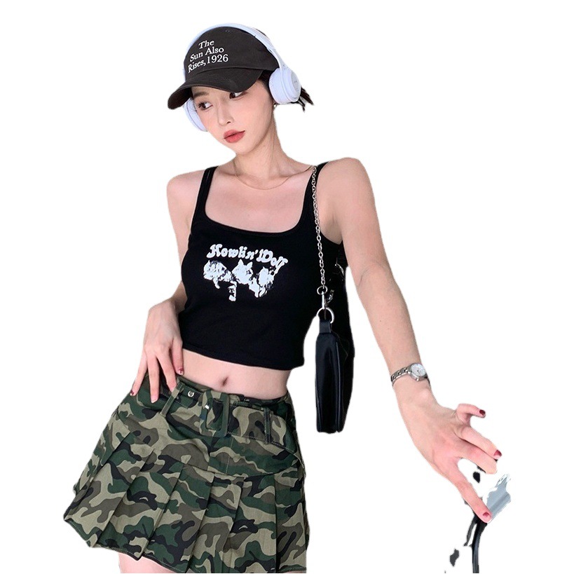Pure Desire Square Collar Sling Red Small Vest Women's Outer Wear Base Printed Short Inner Spice Girl Anti-walking Top Women
