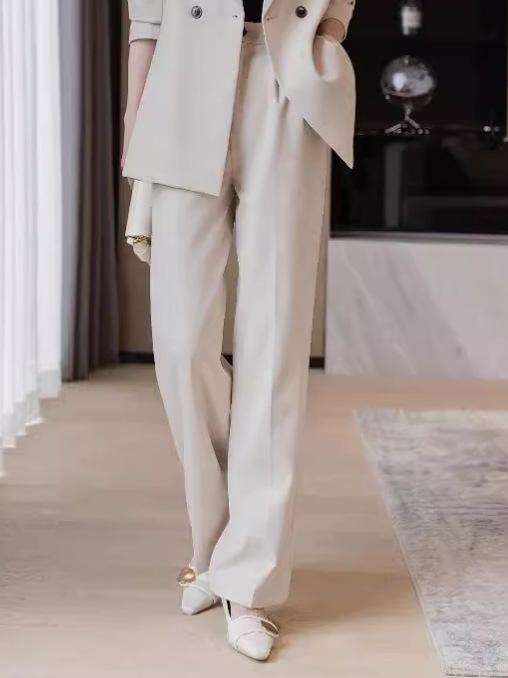 [In stock] apricot white suit pants high-grade draping casual pants women's spring and autumn small high waist straight wide-leg pants