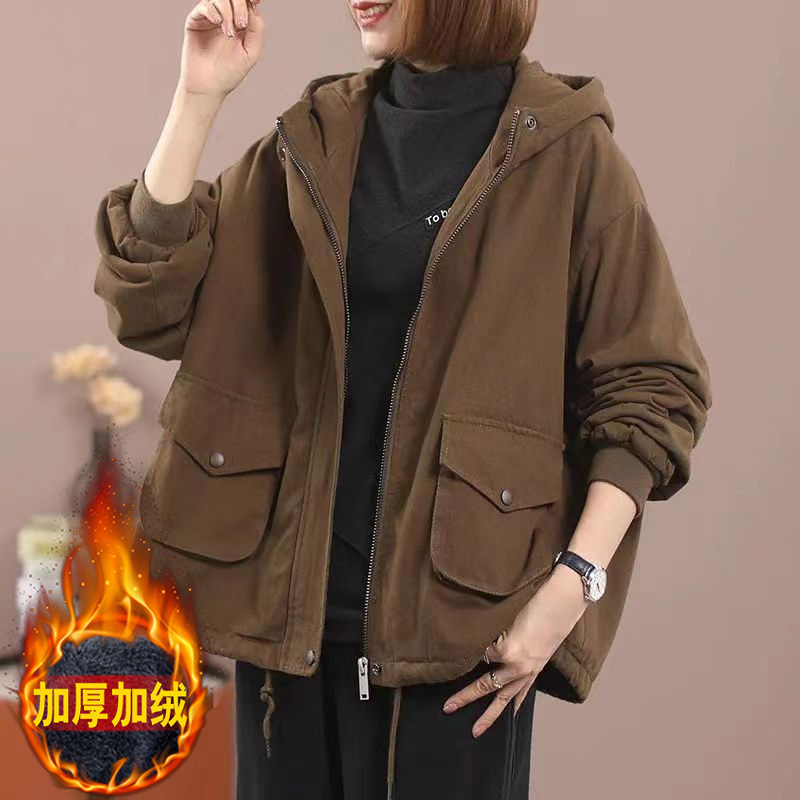 Fleece-lined Coat Women's Winter Hooded Cotton-padded Coat Loose plus size Slimming Casual Style Overcoming All-match Thickened Solid Color Cotton-padded Coat