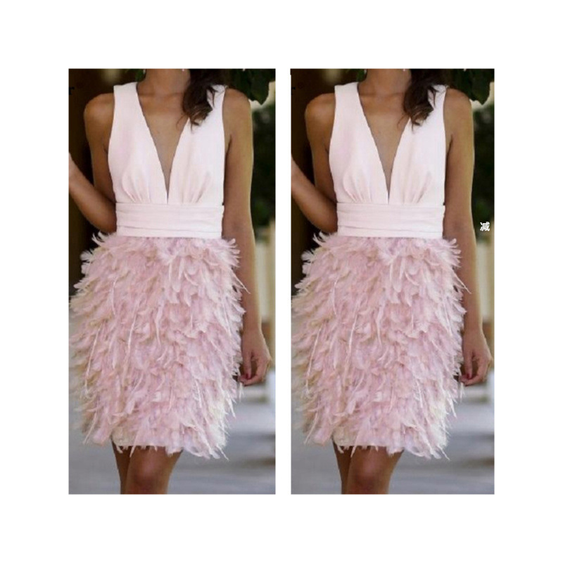 Dream pink deep V shoulder skirt sexy feather skirt small bridesmaid dress art test personality shooting dress