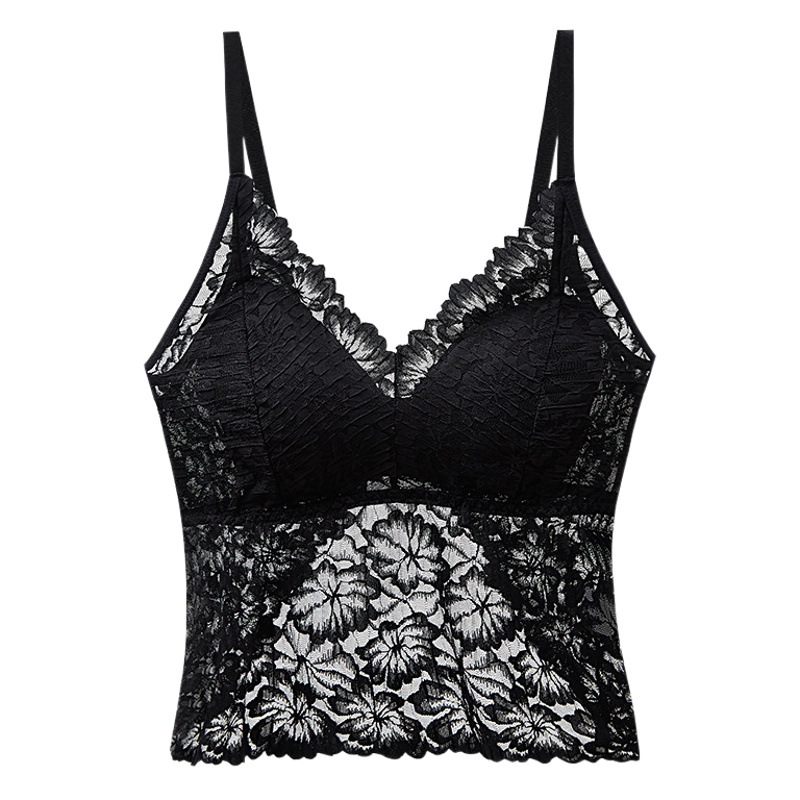 Lace beauty back strap underwear women's summer thin inner base bra with chest pad one-piece vest bra