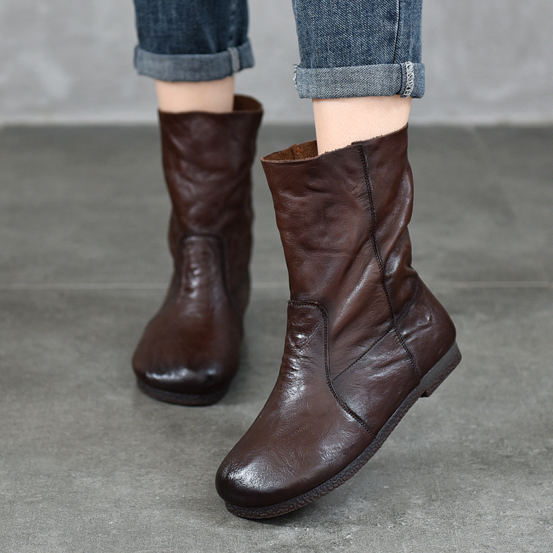 Hand-Grabbed First-Layer Cowhide Mid-Calf Boots, Round-Toe Genuine Leather Women's Boots, Flats-Soled Soft-Soled Women's Leather Boots, Autumn and Winter Style
