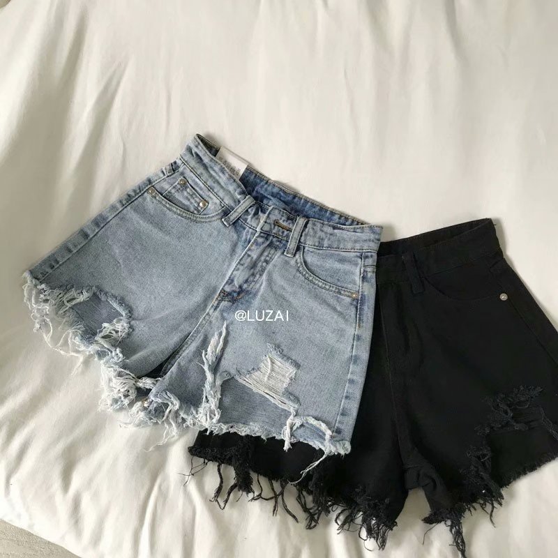 Short Jeans Women's Summer Super Shorts High Waist A- shaped Edge Beggar Ripped Personalized Loose Sexy All-match Hot Pants