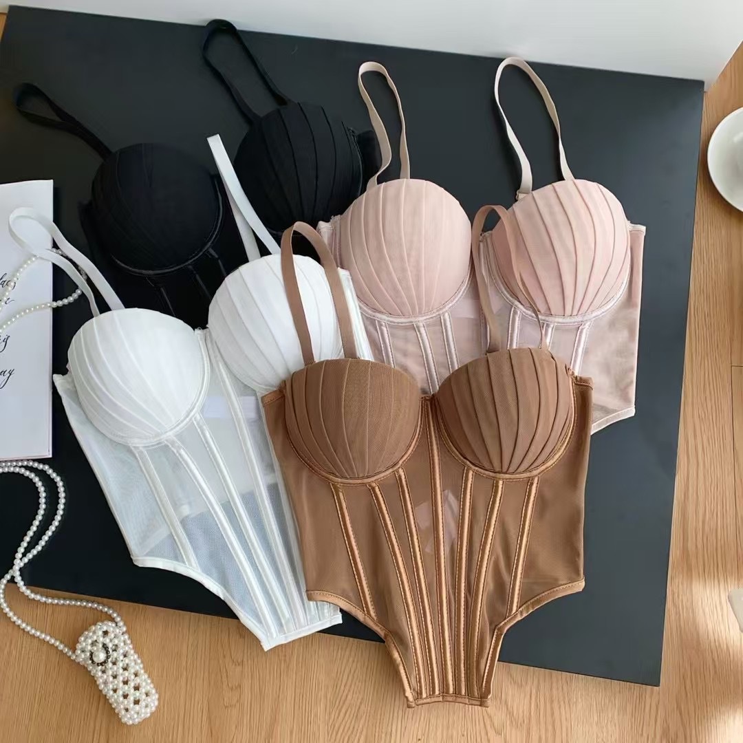 High-End Fishbone Bra Suspender Pleated Cup Sexy Tube Top with Irregular Hem and Breast Pad Hook-And-Loop Camisole