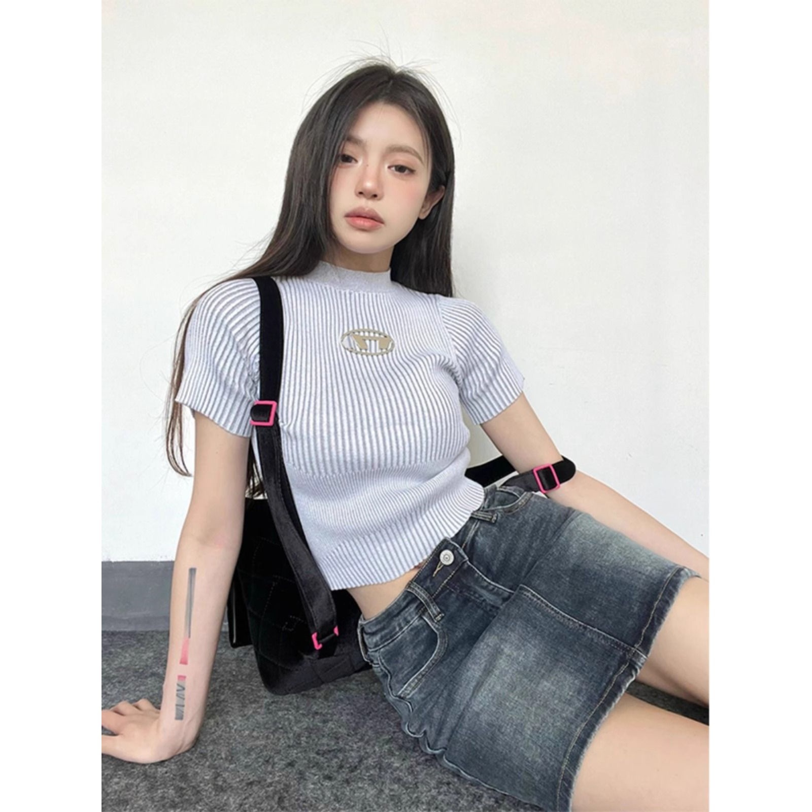 American Style Ice Silk Half-High Neck Short-Sleeved T-Shirt Women's Summer Bm Style Pure Short Slim-Fit Inner Base Top