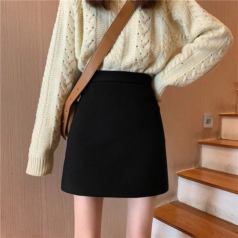 Woolen skirt women's 2024 autumn and winter anti-exposure skirt high waist all-match A- line skirt small black hip skirt