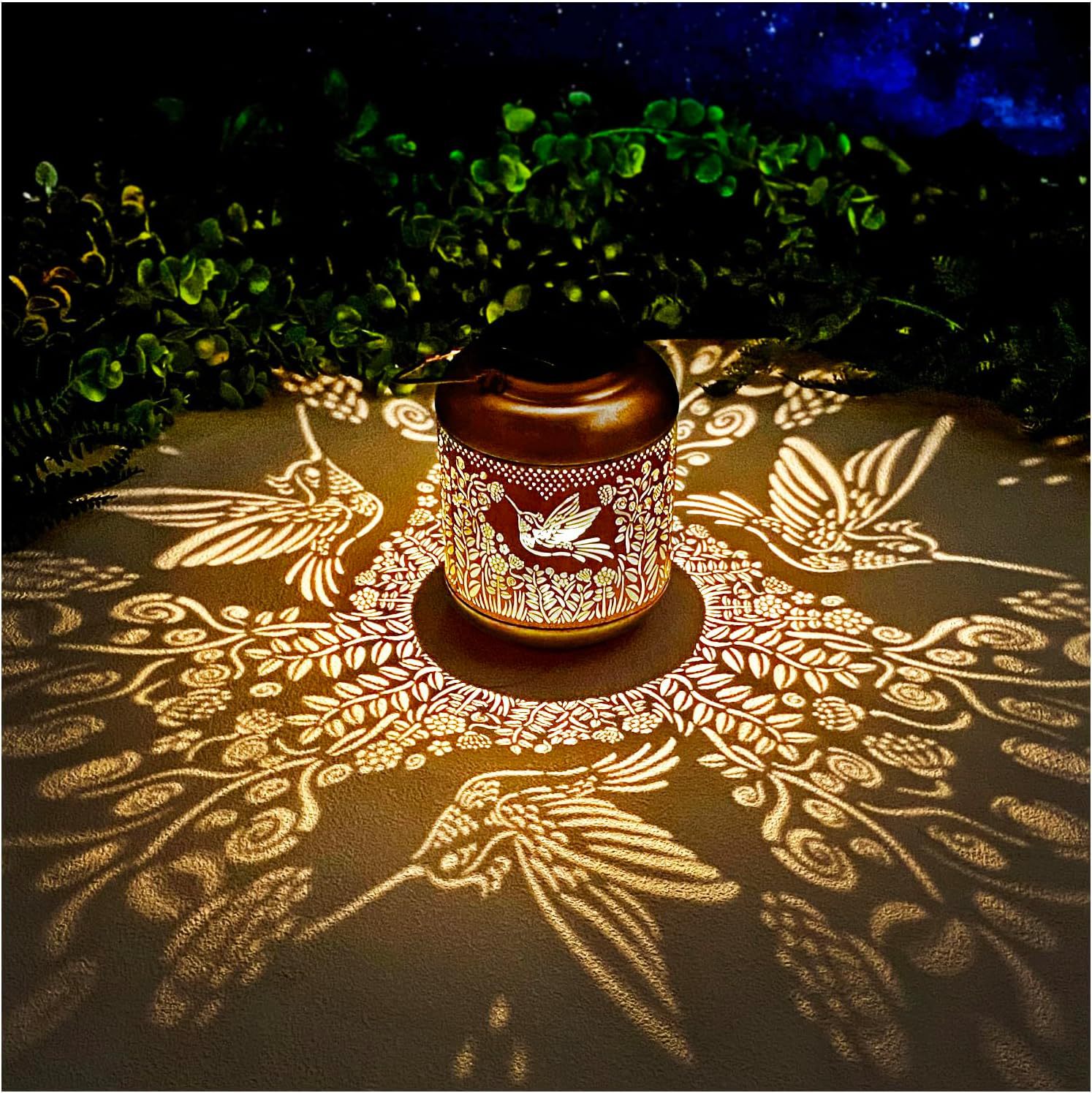 Cross Border Solar Light Outdoor Waterproof Iron Hummingbird Pattern Fat Lantern Garden Decoration Gift Light Metal LED