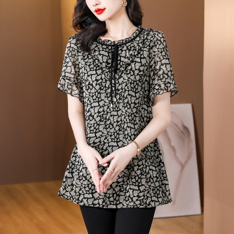Real shot 2023 Summer new chubby girl chic Western style printed lace-up slimming top plus size women's clothing