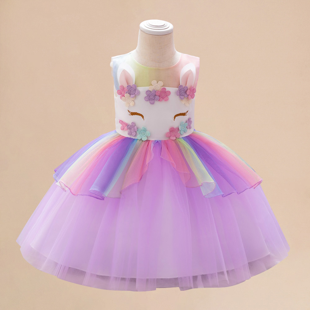 New Girls dress Unicorn Rainbow Princess Dress Puff Mesh Floral Girl Dress Amazon Children's Dress