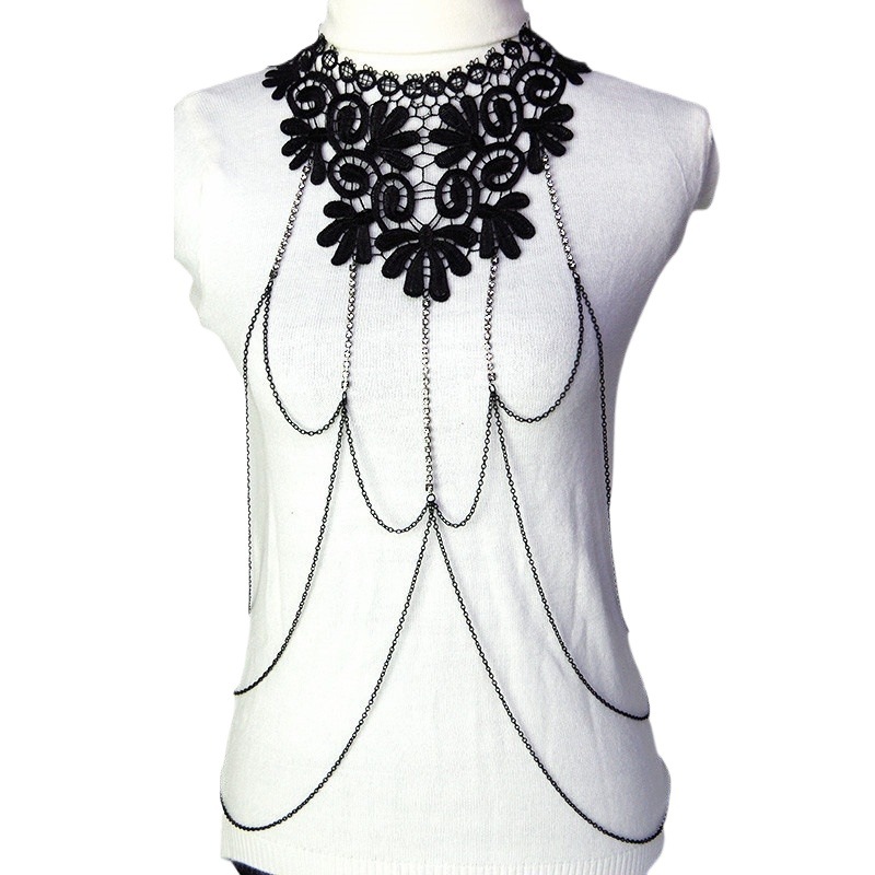 Picture of Meimei body chain jewelry black lace multi-layer diamond chain tassel necklace body chain