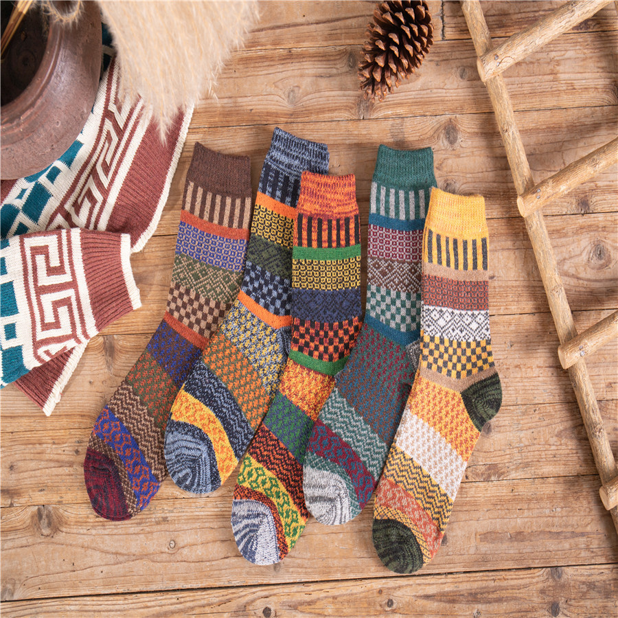 Amazon Foreign Trade Autumn and Winter New Thick Needle Double Socks Mid-tube Socks Men's Drawstring Thickened Wool Socks