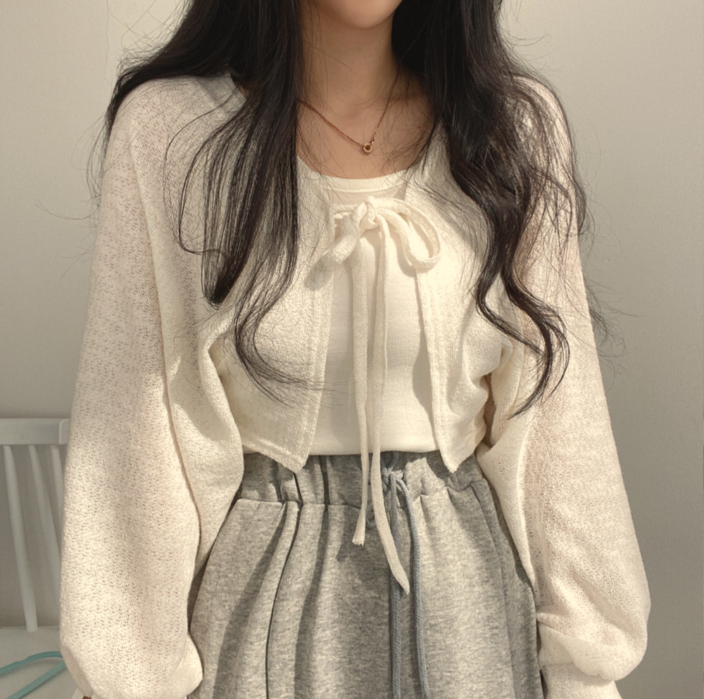 Cross-border Factory Thailand Lantern Sleeve Short Thin Cardigan Summer Sun Protection Clothes Joker Strap Coat Women's Air-conditioning Shirt