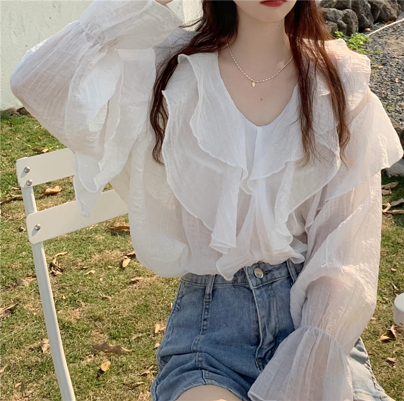 Picture of Chiffon Long-sleeved Shirt Women's 2023 Spring and Autumn New High-end Design Sense Thin Irregular Ruffled Stacked Top