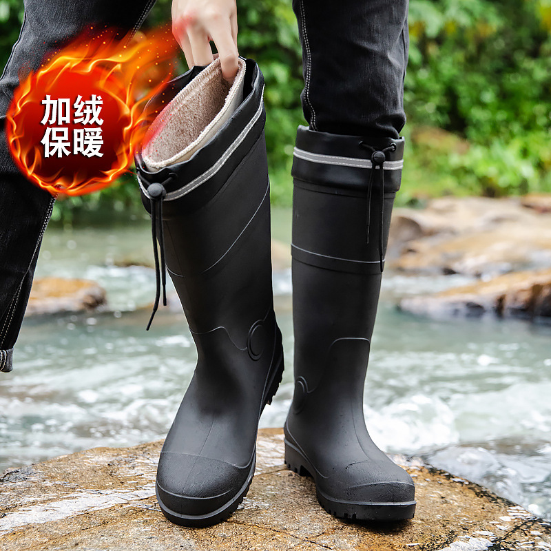 fleece-lined Thickened Steel Head Steel-soled Rain Boots Anti-smashing and Anti-stab Labor Protection Men's High Barrel Beam Non-slip Thick-soled Wear-resistant Industrial Mine Boots