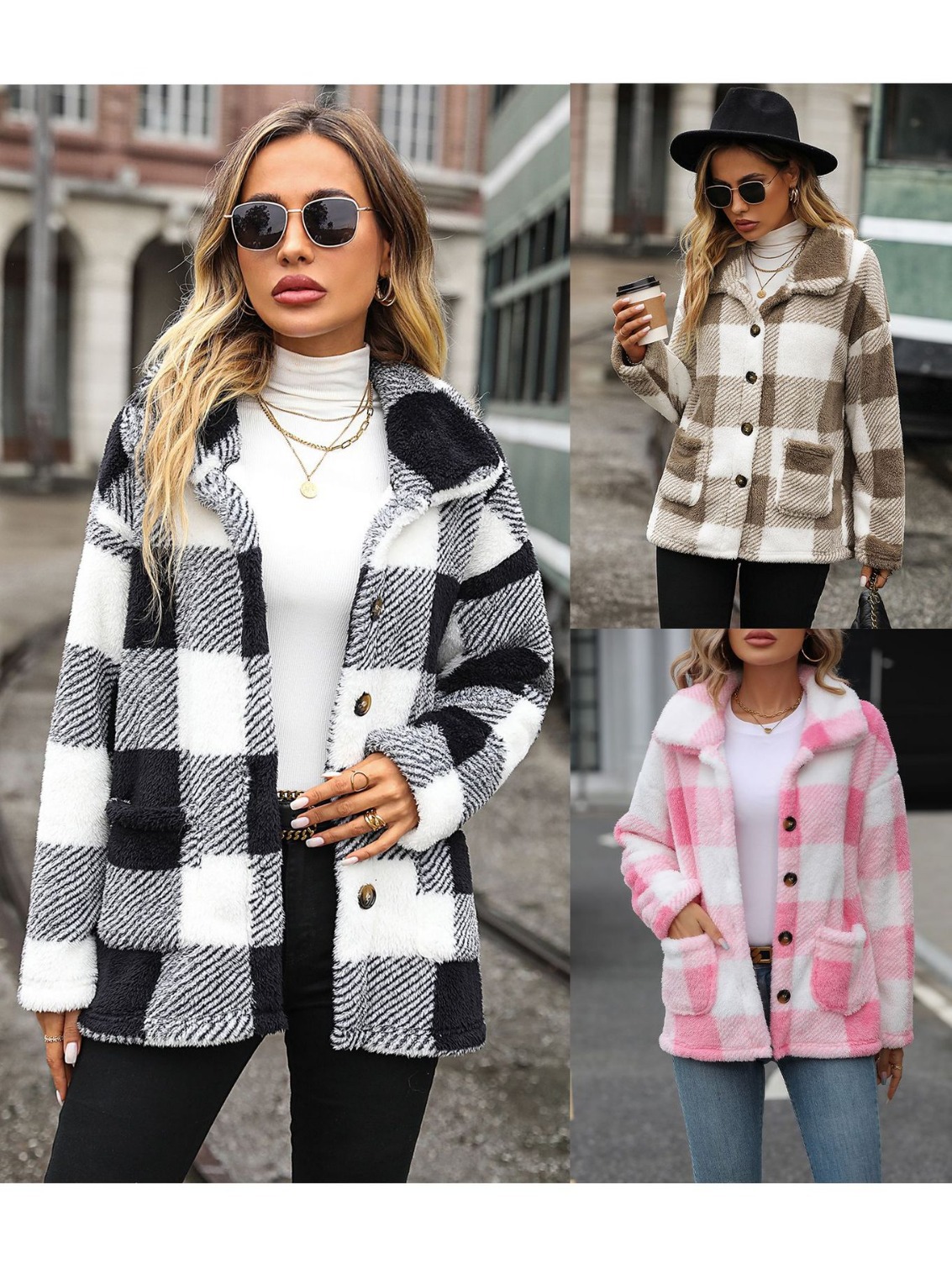 Picture of Flash velvet European and American fashion autumn and winter women's lapel long sleeve long plaid single breasted double-sided velvet casual coat